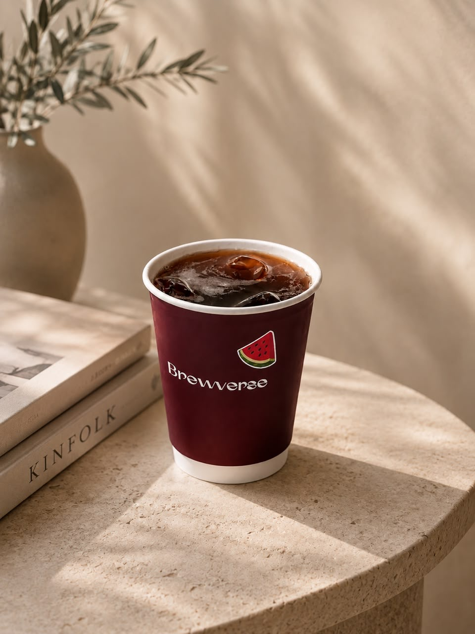 Brewverse iced coffee in a burgundy cup on a stone table